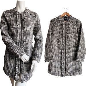 Nic + Zoe Tweed Boucle Black White Long Coat Trench Zip Jacket Neutral Overcoat